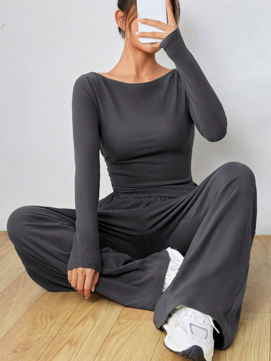 Pocket Solid Color Large Round Neck Long Sleeve Pants 2-piece Sets