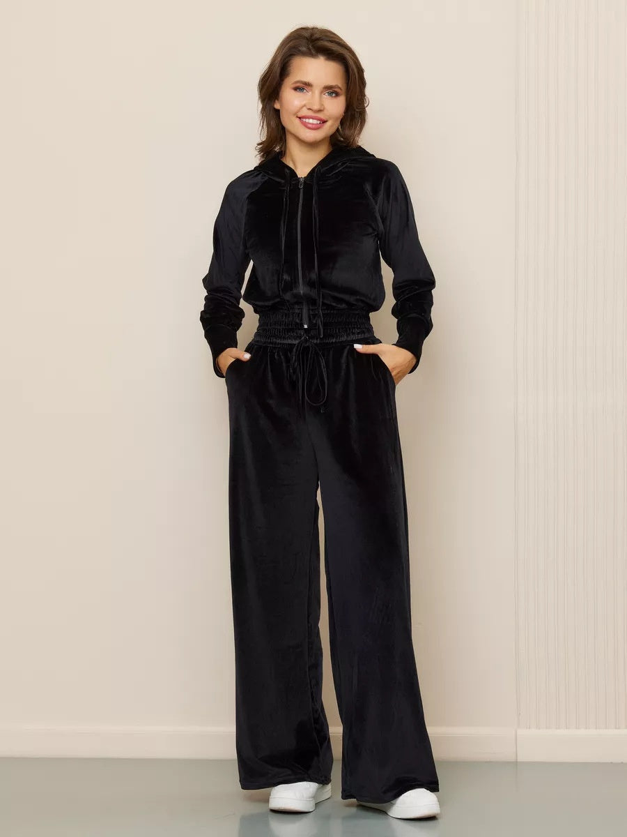 Velvet Zipper Cardigan, Silver Fox Fleece Sweatshirt, Lace-Up Pants 2-piece Sets