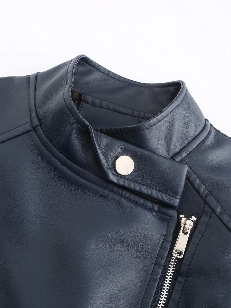 PU Leather Lapel Slim Fit Long Sleeve Short Jacket