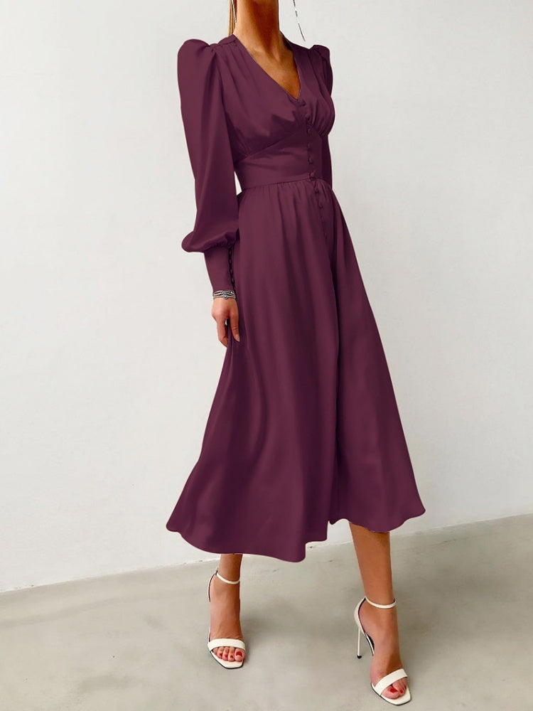 V-neck Satin Waist Retro Maxi Dresses