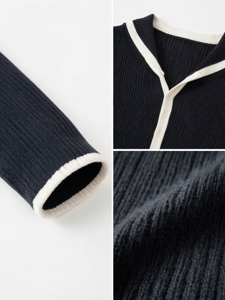 Ribbed Hooded Henley Sweater with Contrast Trim
