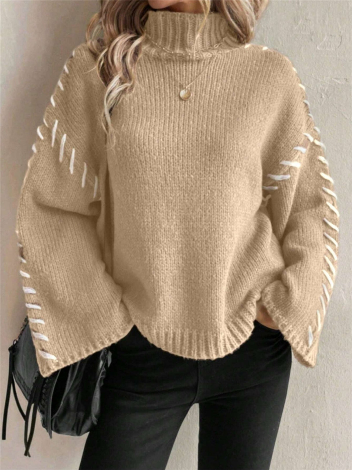 Turtleneck Contrasting Colors Solid Color Knitted Sweater
