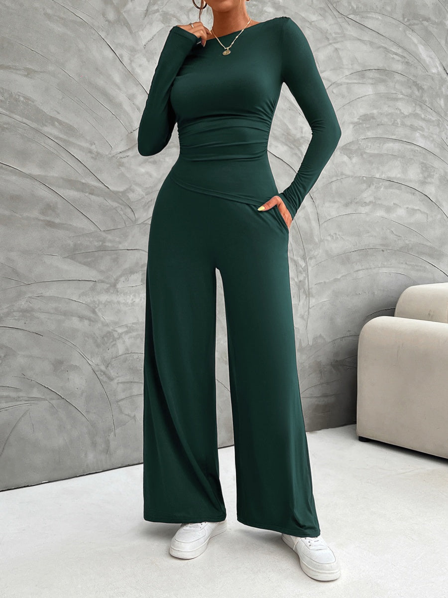 Leisure Pleated Solid Color Long Sleeve 2-piece Sets