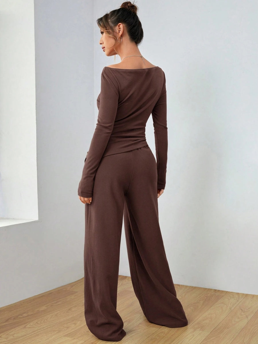 Pocket Solid Color Large Round Neck Long Sleeve Pants 2-piece Sets