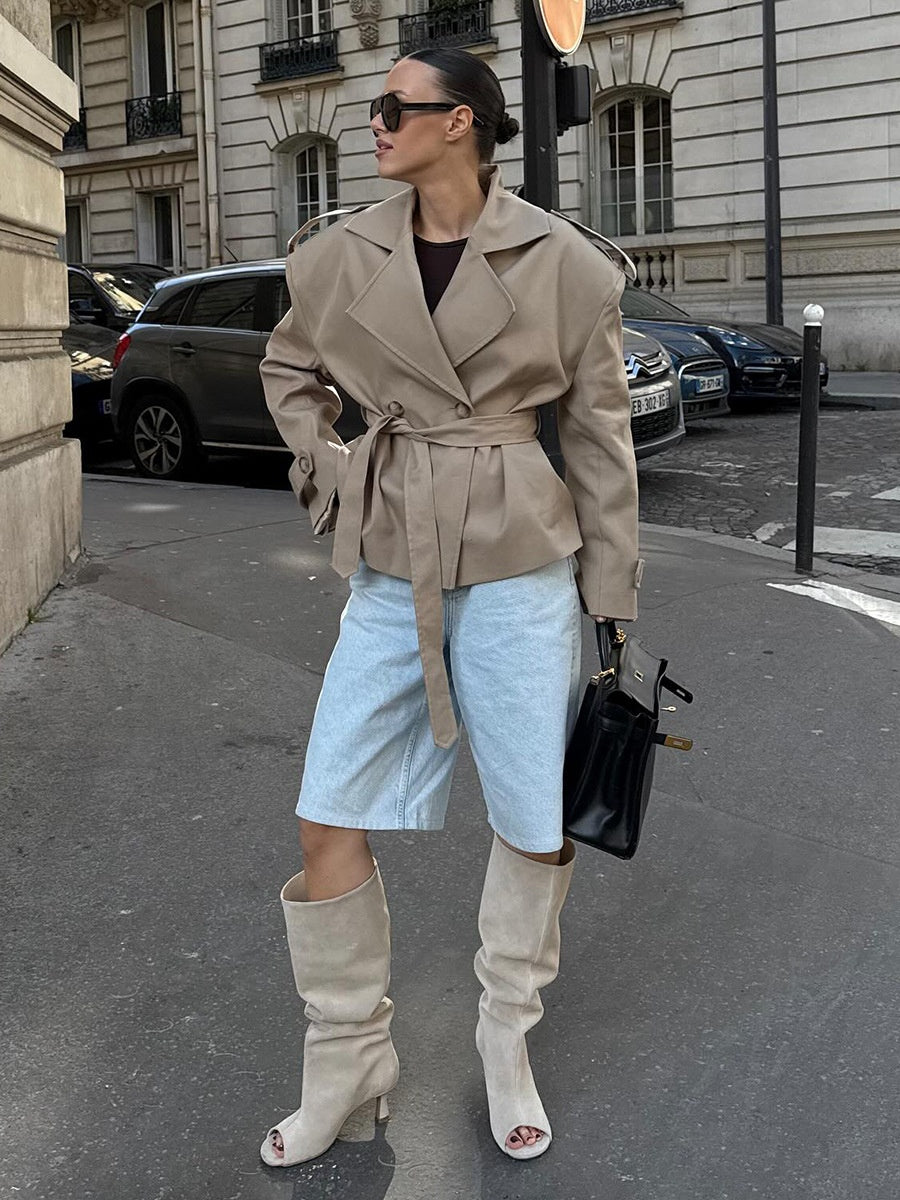 Khaki Long-sleeved Lapel Belted Trench Coat