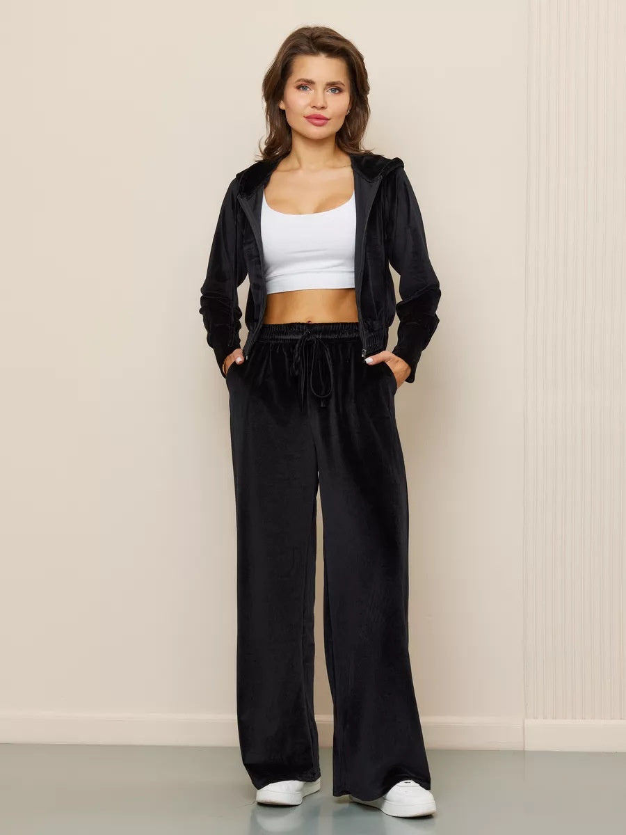 Velvet Zipper Cardigan, Silver Fox Fleece Sweatshirt, Lace-Up Pants 2-piece Sets