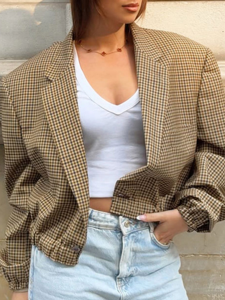 Short Shoulder Pad Suit Jacket Plaid Jacket