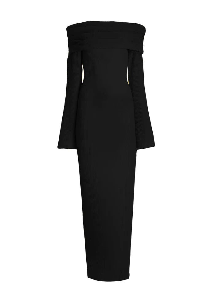Long-sleeved Off-shoulder Pleated Knit Maxi Dress
