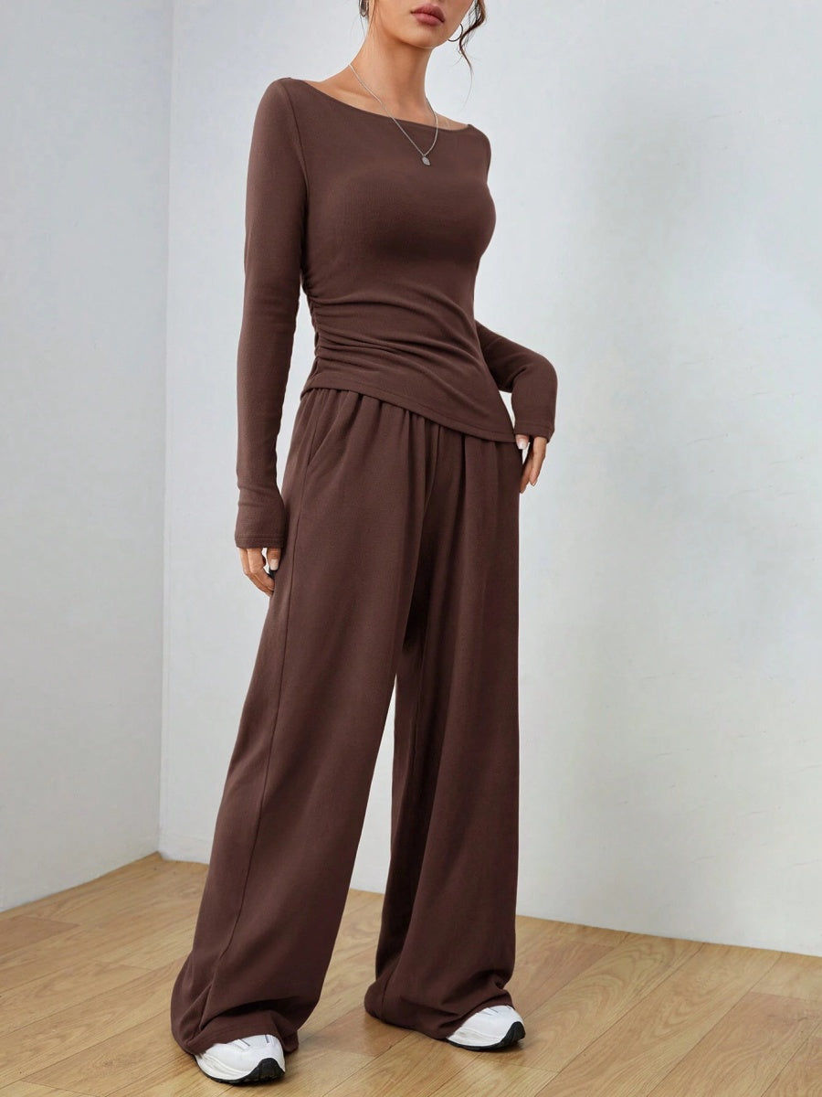 Pocket Solid Color Large Round Neck Long Sleeve Pants 2-piece Sets