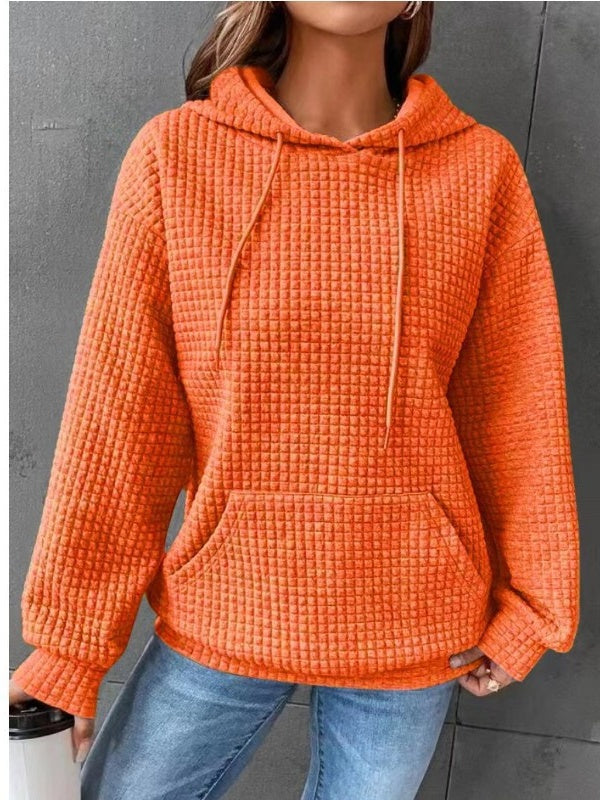 Waffle Crew Neck Long Sleeve Pocket Solid Color Hooded Sweatshirts&Hoodies