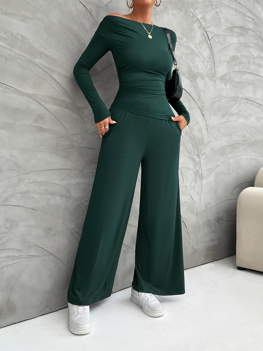 Leisure Pleated Solid Color Long Sleeve 2-piece Sets