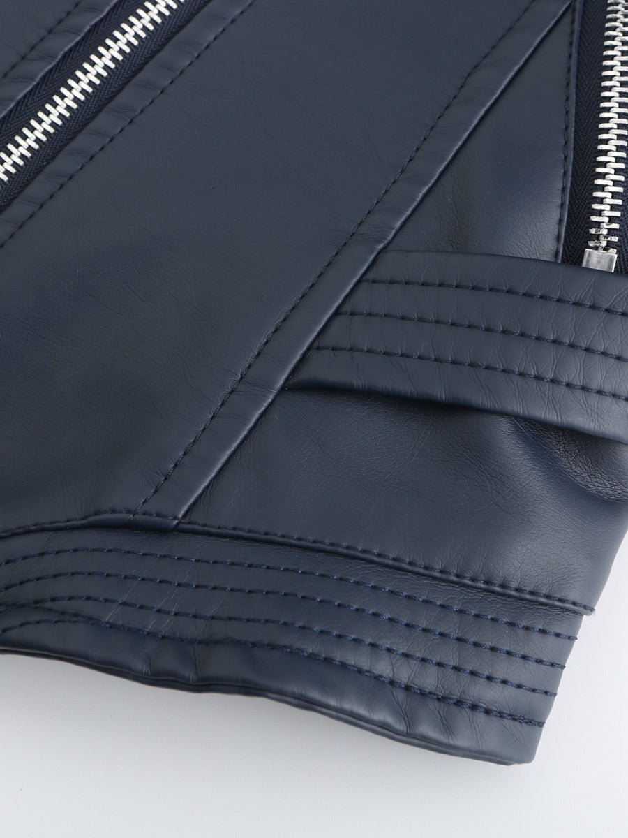 PU Leather Lapel Slim Fit Long Sleeve Short Jacket