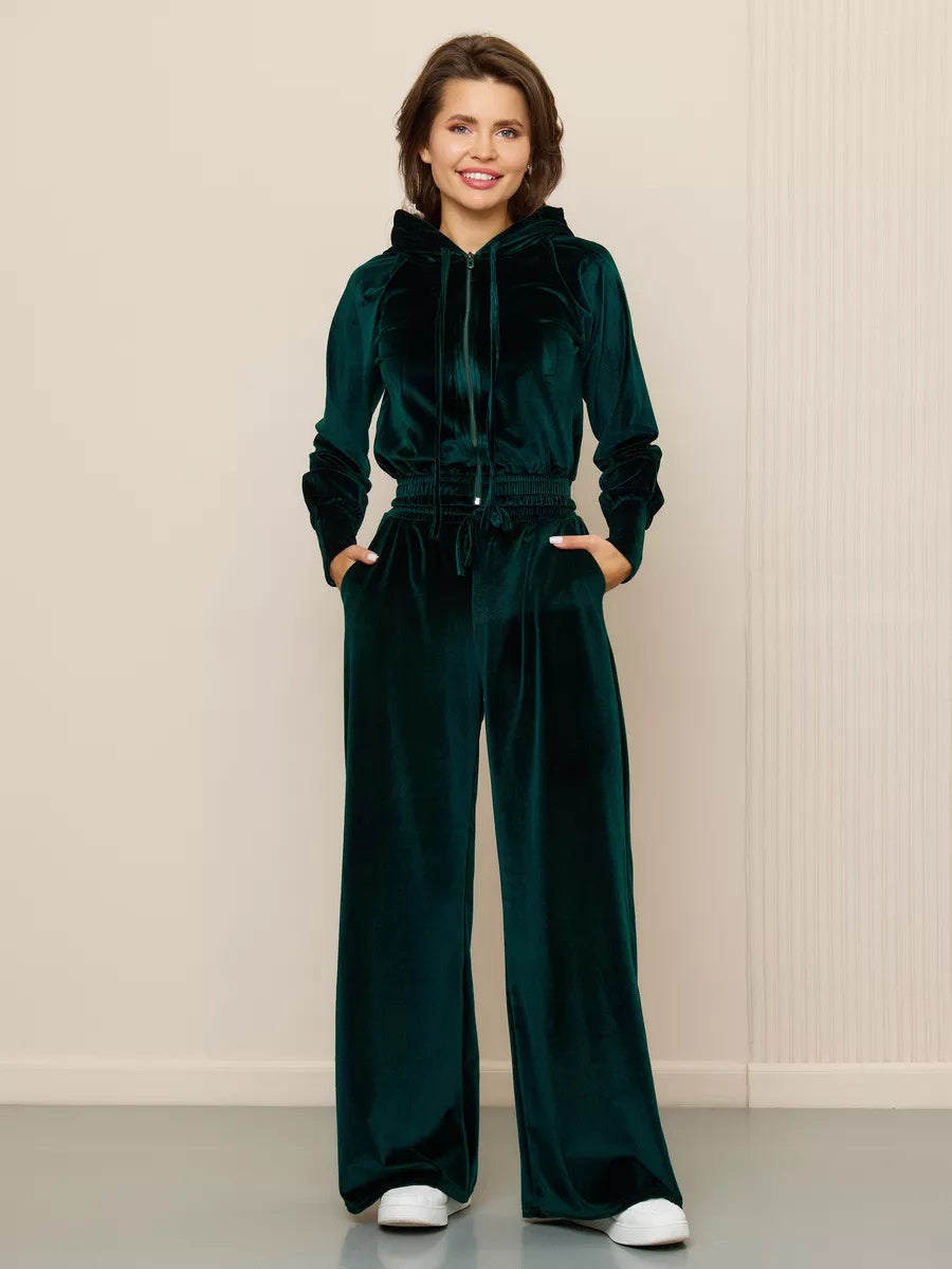 Velvet Zipper Cardigan, Silver Fox Fleece Sweatshirt, Lace-Up Pants 2-piece Sets