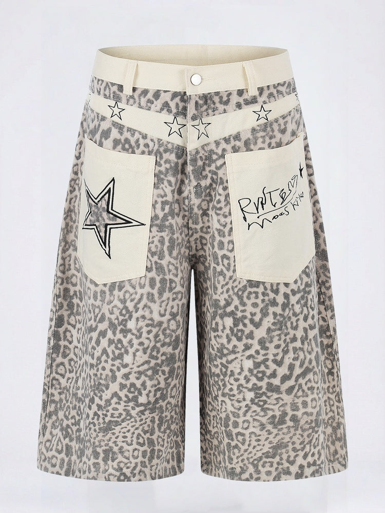 Retro Leopard Print Work Clothes Color-blocked Embroidery 7 Points Jeans
