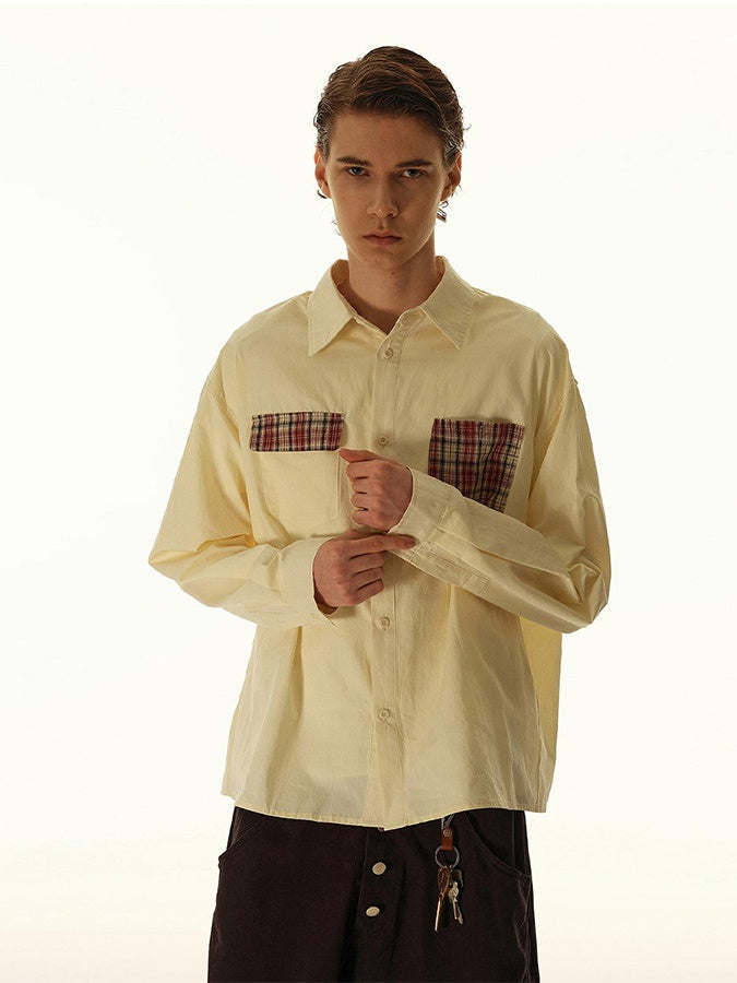 College Style Loose Plaid Splicing Vintage Long-sleeved Shirt