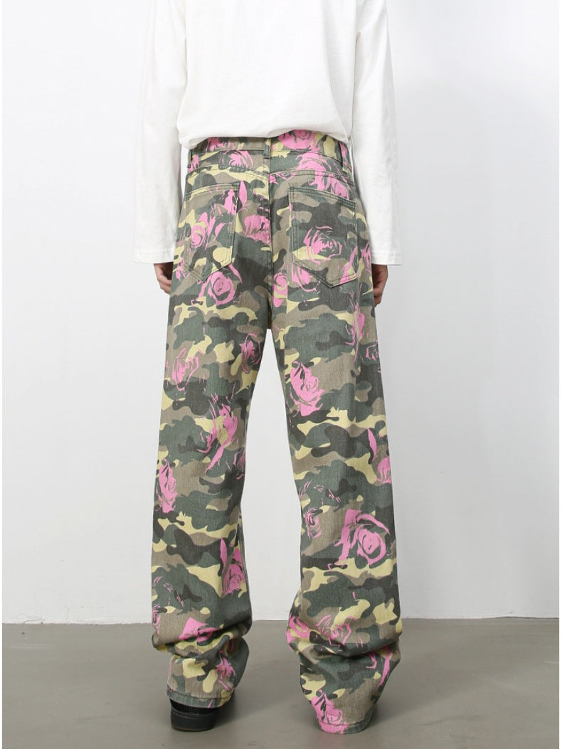 Camouflage Ins Loose-fit Straight-fit Wide-leg Jeans