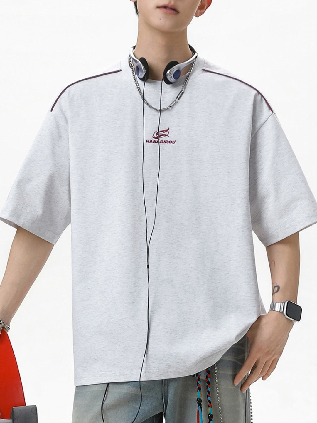 Reflective Strips Letter Applique Loose-fit Distressed T-shirts