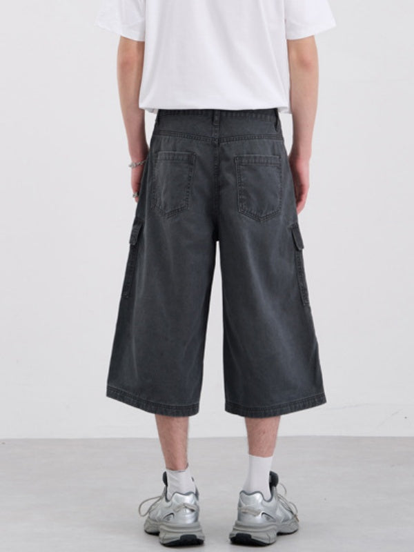 Washed Pleated Multiple Pockets Tooling Baggy 7 Points Shorts