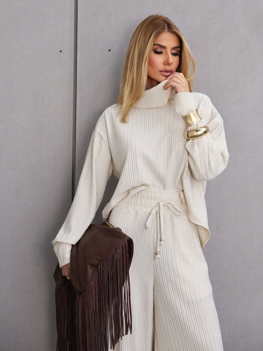 Blended Loose Jacquard Stand Collar Long Sleeves Two-piece Straight-leg Trousers