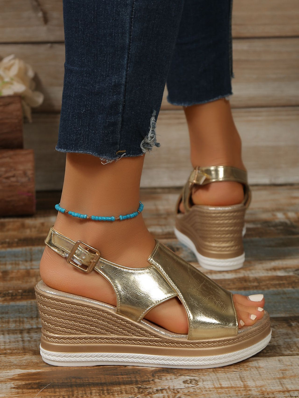 Platform Wedge Sandals, Plus Size, Openwork, Glossy Finish