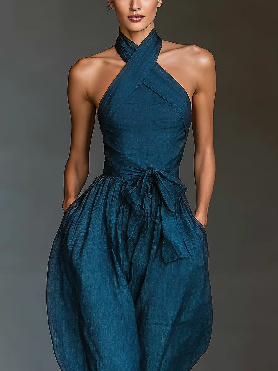 Lace-up Linen Cross-strap Wide-leg Jumpsuit