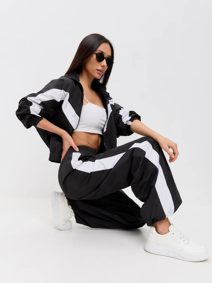 Liber Autumn women's clothing contrasting colors Sports jacket Long-sleeved two-piece suit