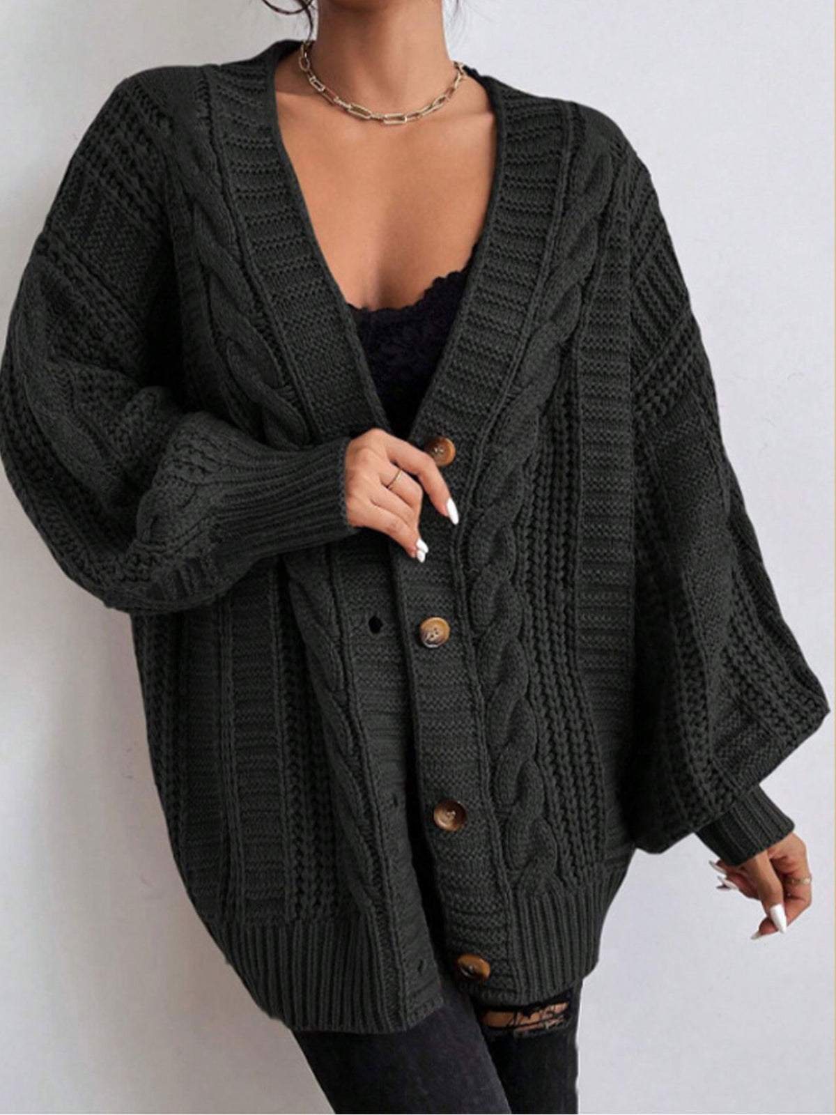 Loose Cable Knit Lantern Sleeve Cardigan
