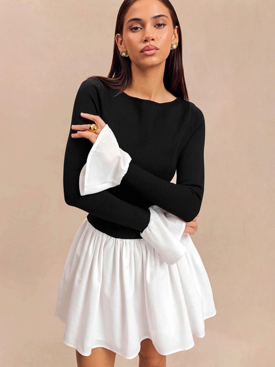 Long Sleeves Contrasting Colors Splicing Ruffled Short Dress