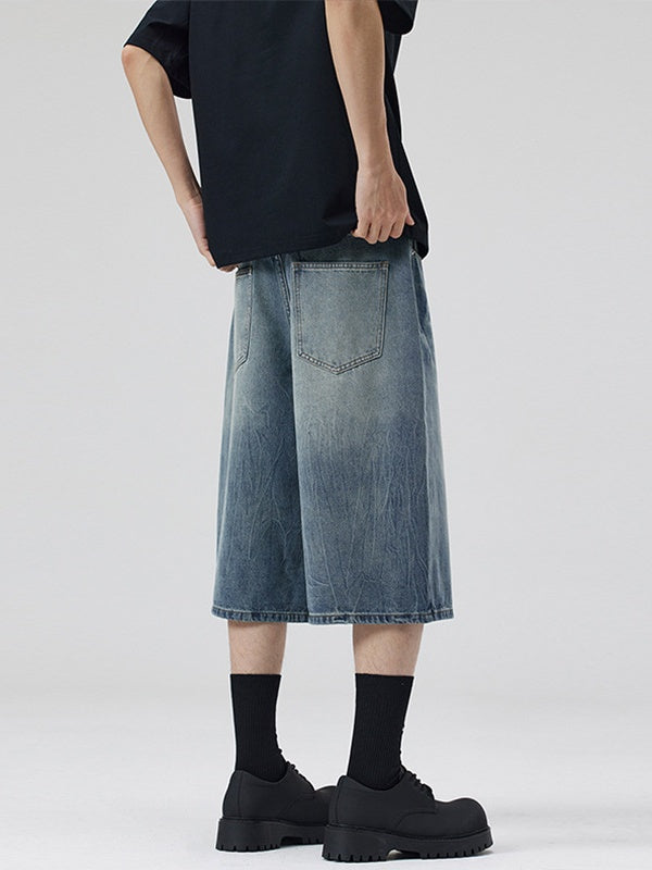 Retro Distressed Lightning Straight-fit 7 Points Denim Shorts