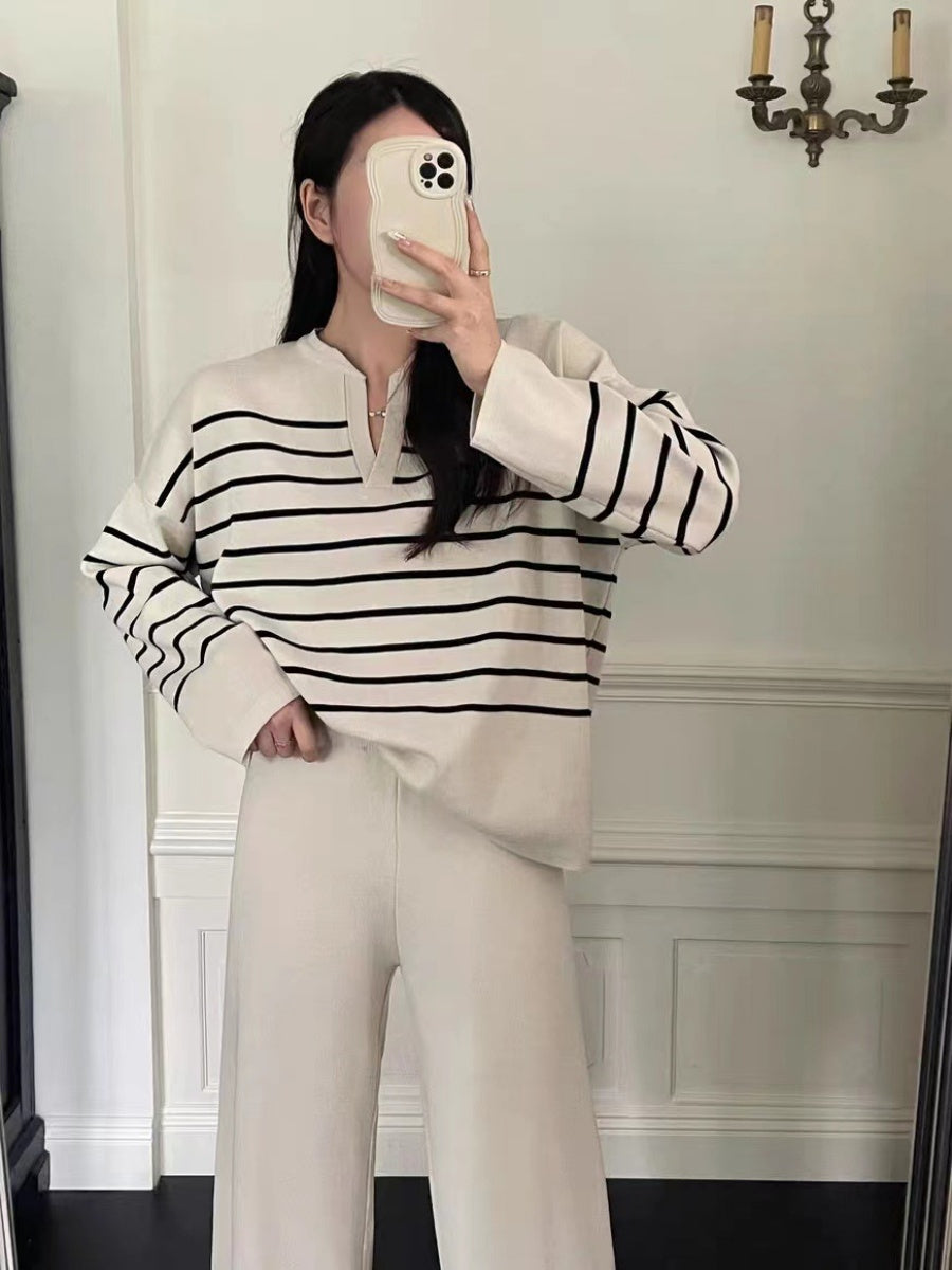Stylish Two-piece Set: Loose Striped Knit Top, Casual High-waisted Wide-leg Knit Pants