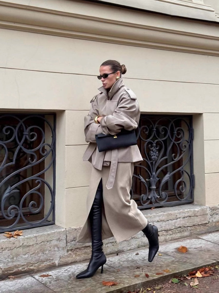 Khaki Lapel Long Sleeve Lace Up Short Trench Coats