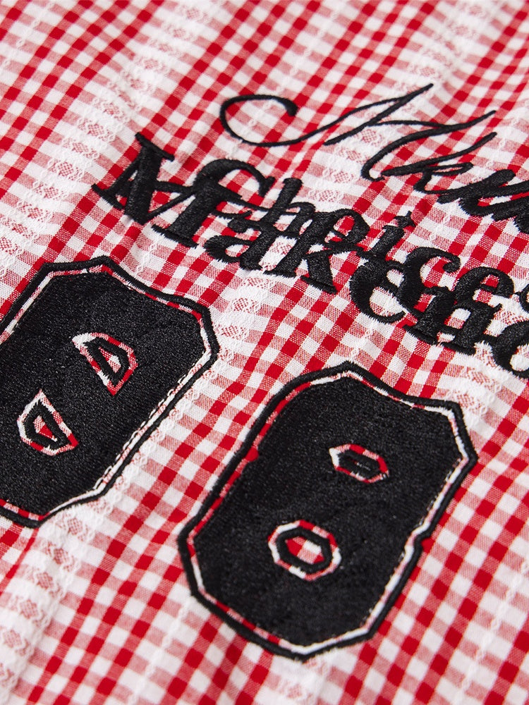 Plaid Retro Vibe Badge Embroidery Lapel Long-sleeved Shirt