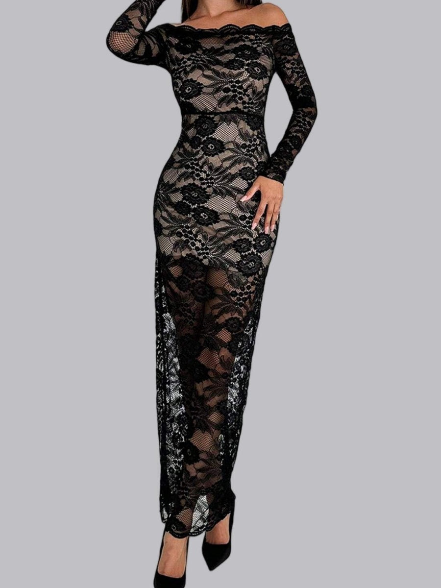 Liber Spring Women's Lace Geometric Patterns Maxi Dresses