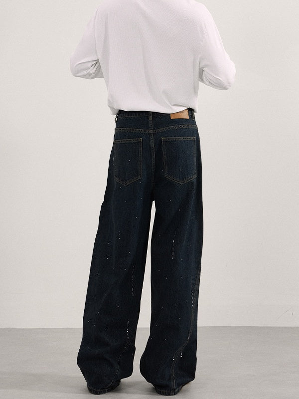 Retro Hot Brick Raindrop Design Blue Gray Loose Straight Leg Jeans