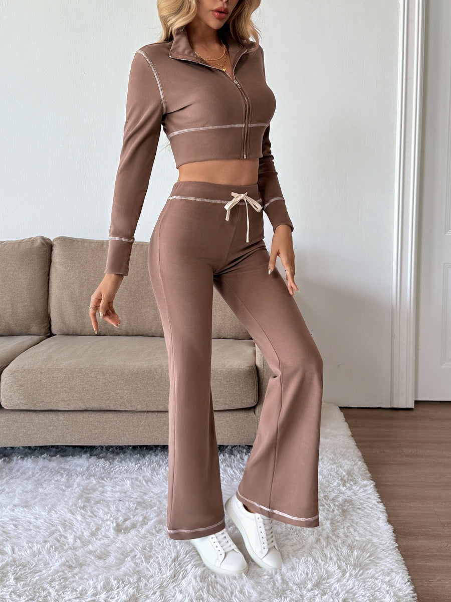 Short Cardigan Coffee brown zipper trousers Knitted two-piece suit