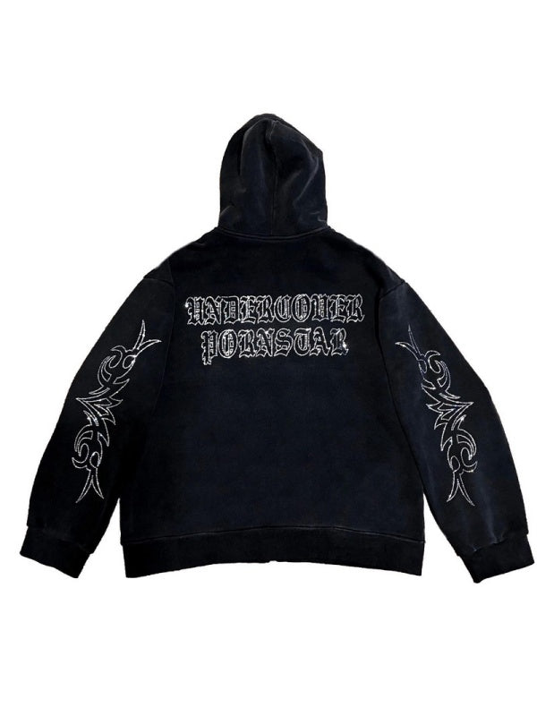 Crew Neck Loose Letter Rhinestone Zip-up Hoodie
