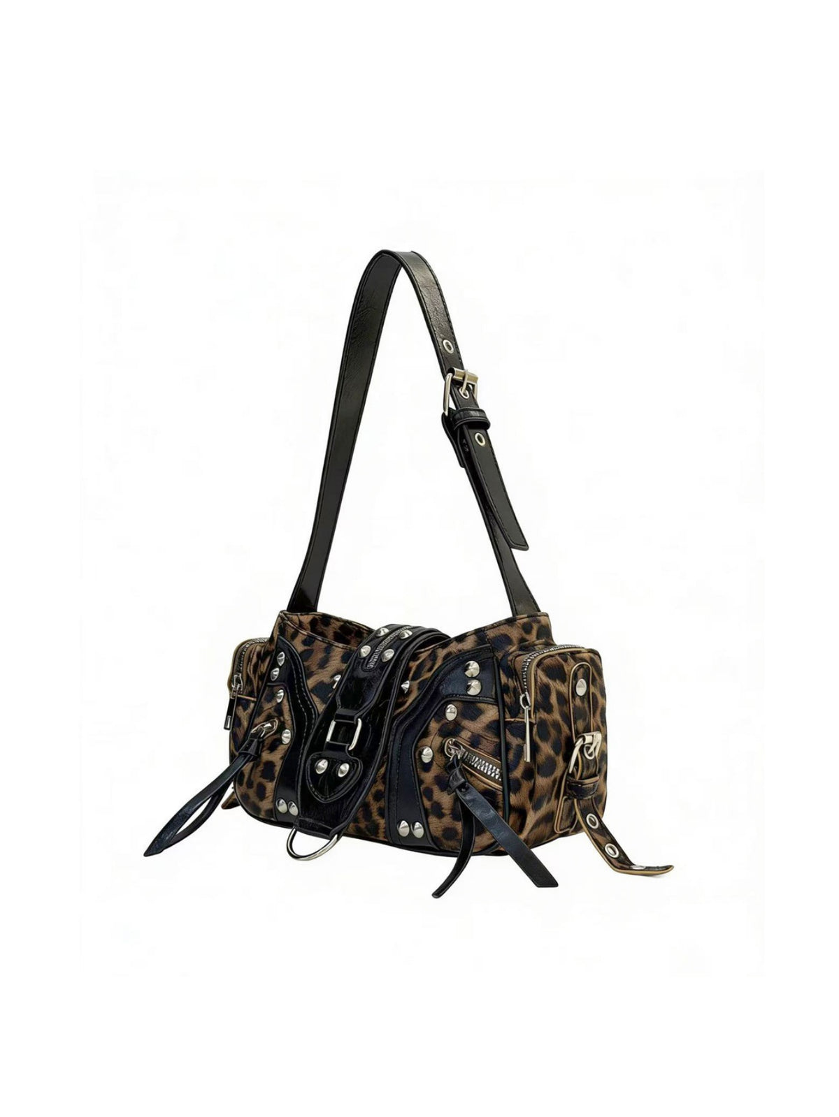 Stylish Leopard Print Edgy Biker Studded Shoulder Bag
