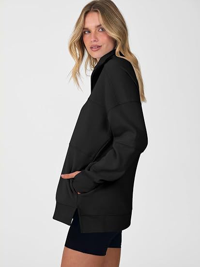 Women's Autumn/Winter Solid Color Half-Zip Long-Sleeve Side-Slit Sweatshirt