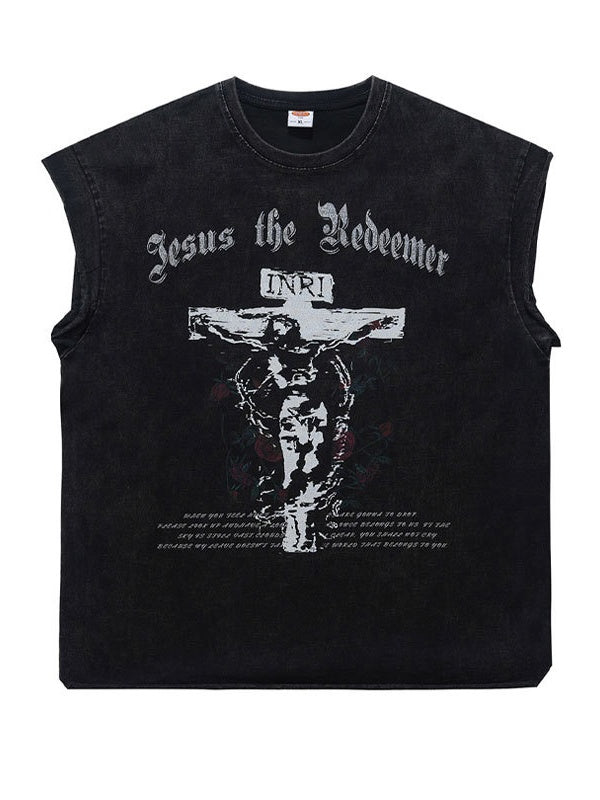 Washed Distressed God Printed Tank Tops