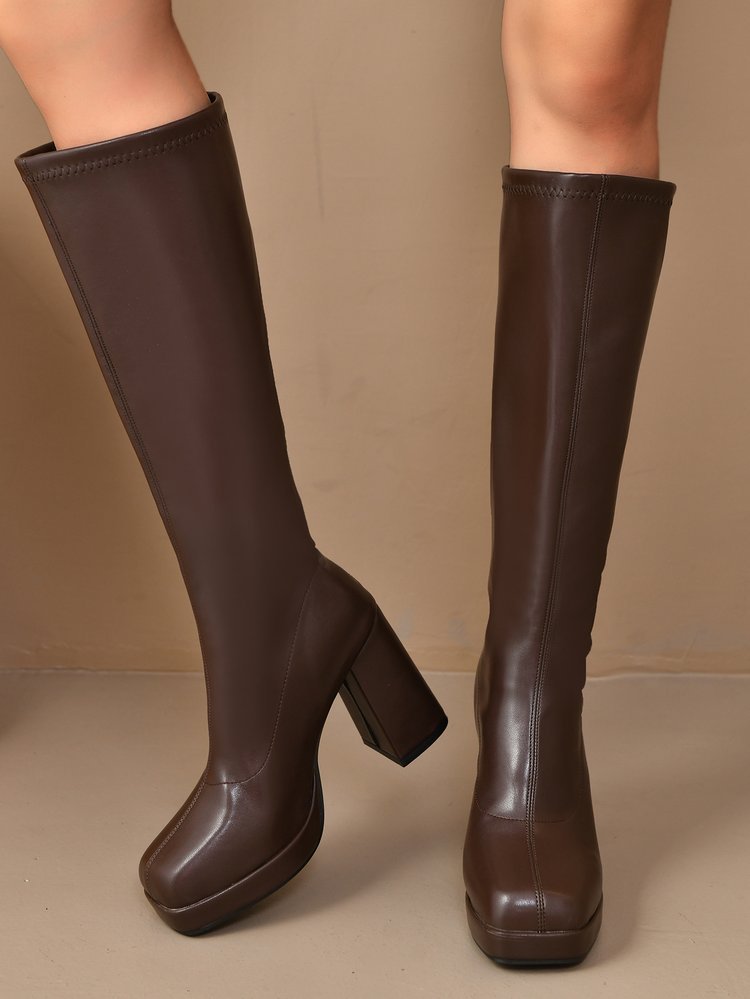 Solid Color Waterproof Platform Elastic Knee-high Women's Boots
