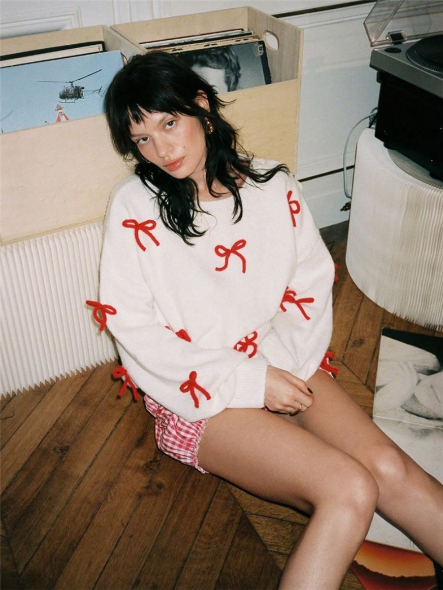 Christmas White Headgear 3D Bow Sweaters
