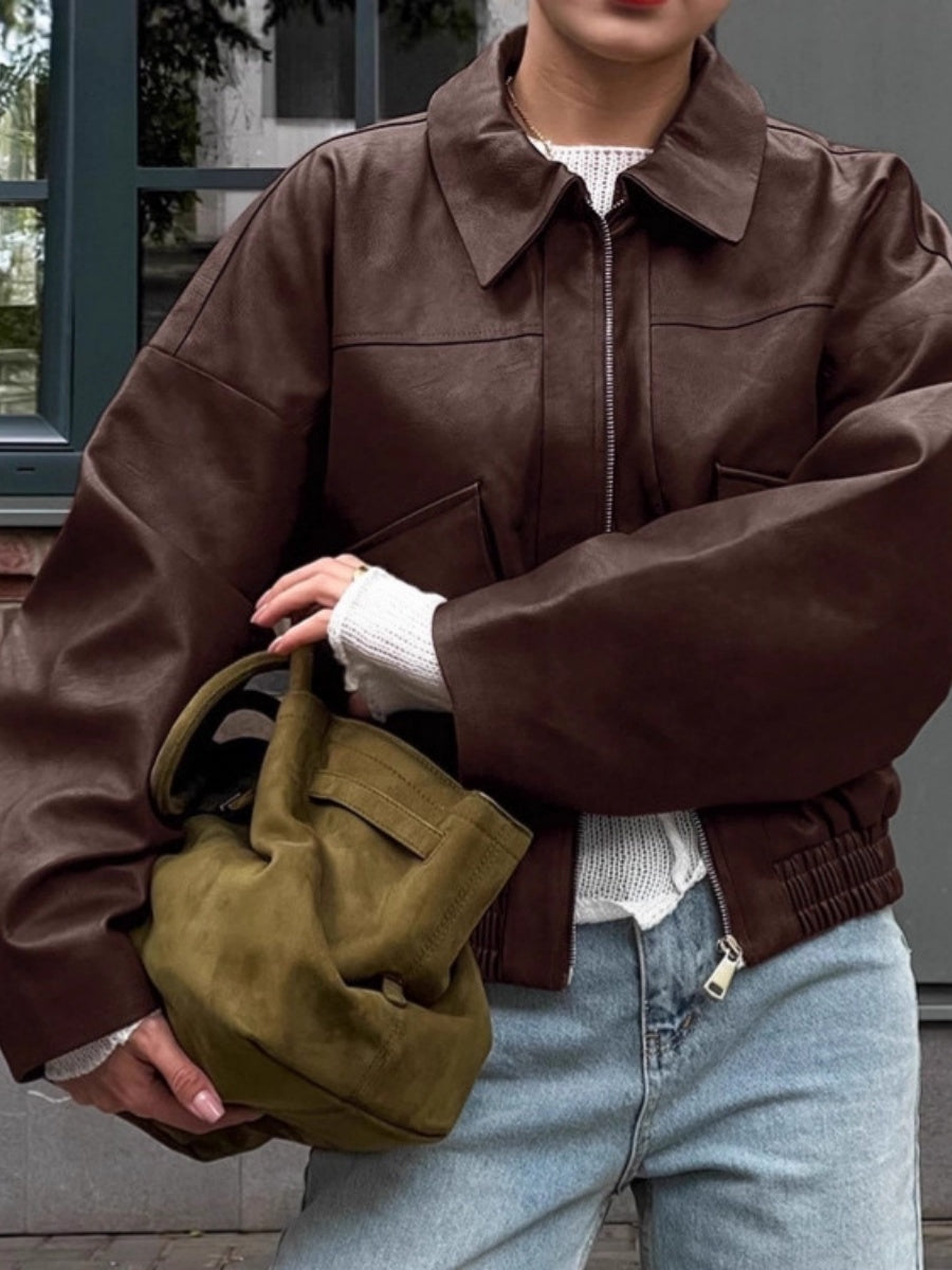 Leather Jacket With Large Pocket Decoration Jackets