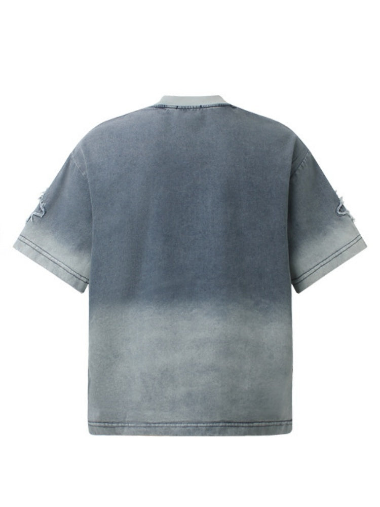 Washed Patches Stereo Embroidery Denim T-shirt