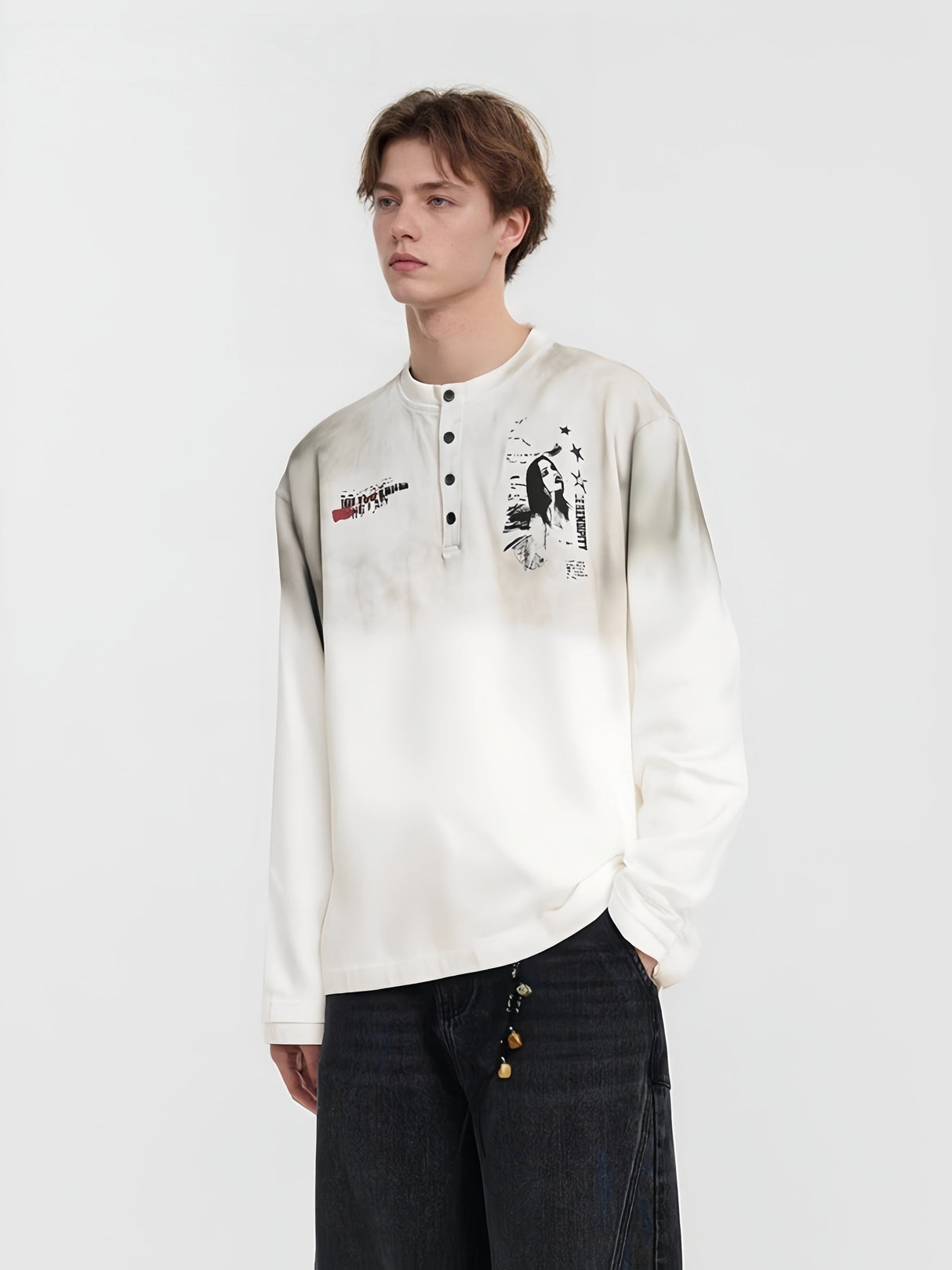 Retro European And American Portrait Prints Distressed Henry Collar Fake Two Pieces Long-sleeved T-shirt