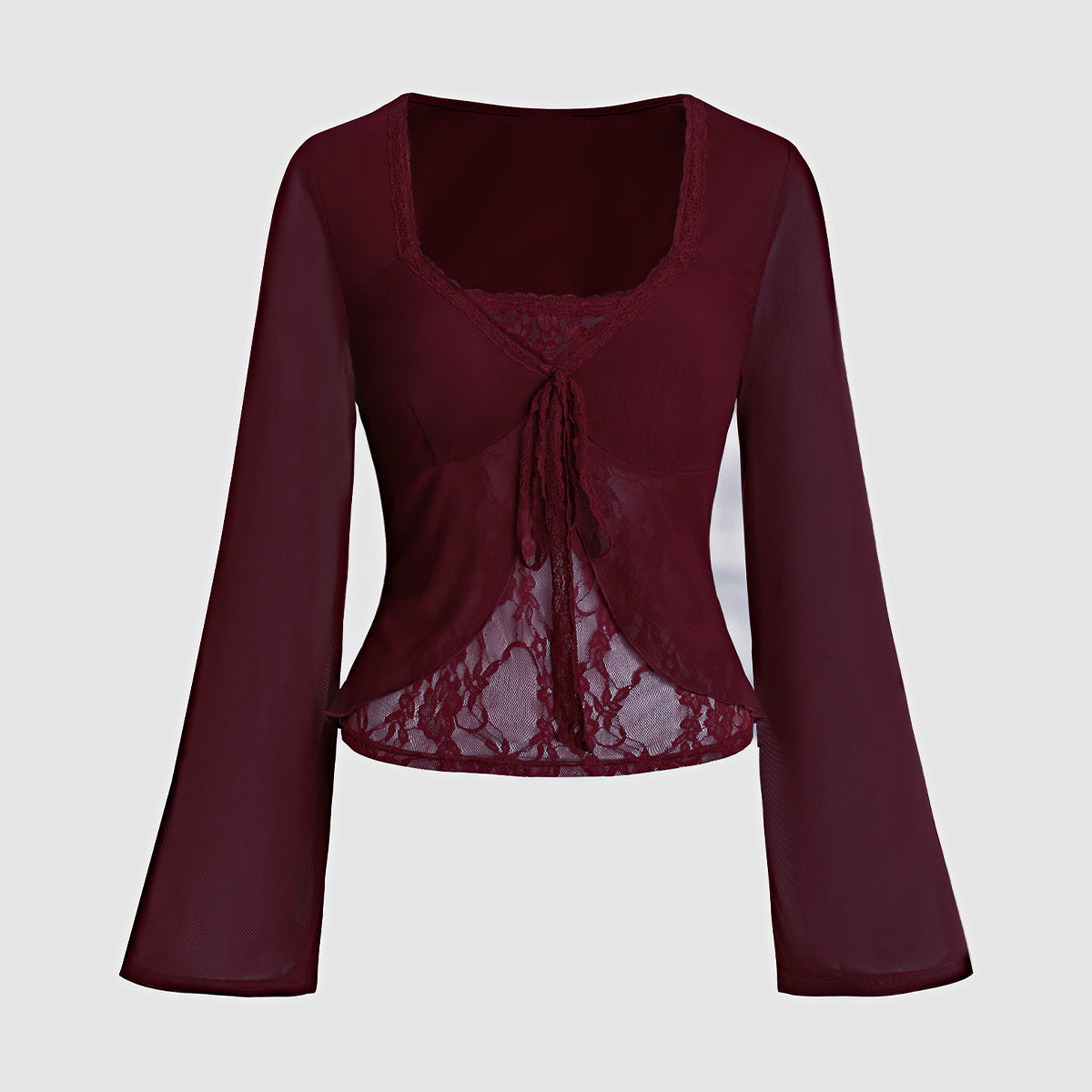 Lace-trimmed Bow-tie Bell-sleeve T-shirt
