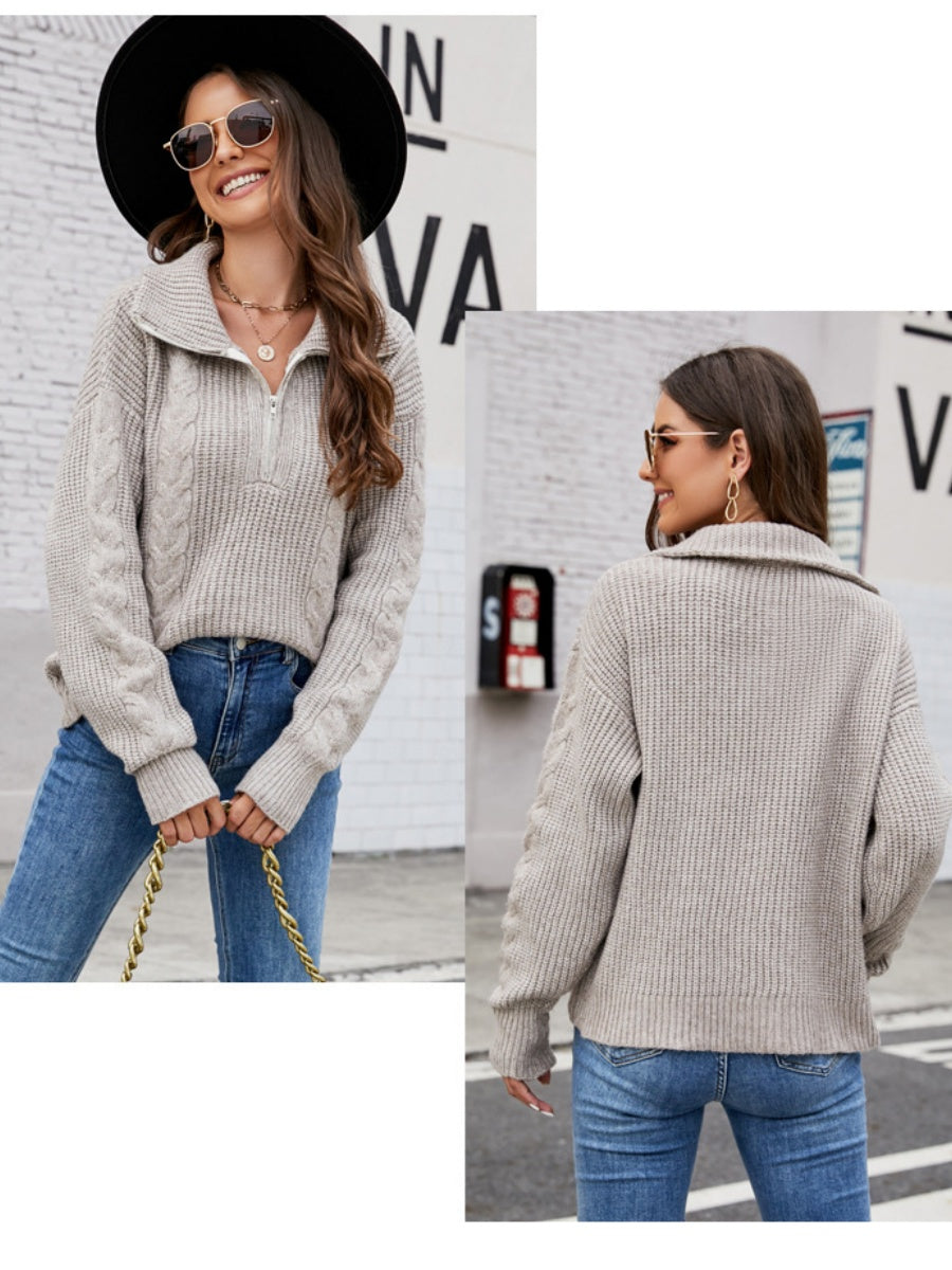 Liber Autumn Women's Zipper Sweaters Color Mixing Long sleeve Lapel Short top