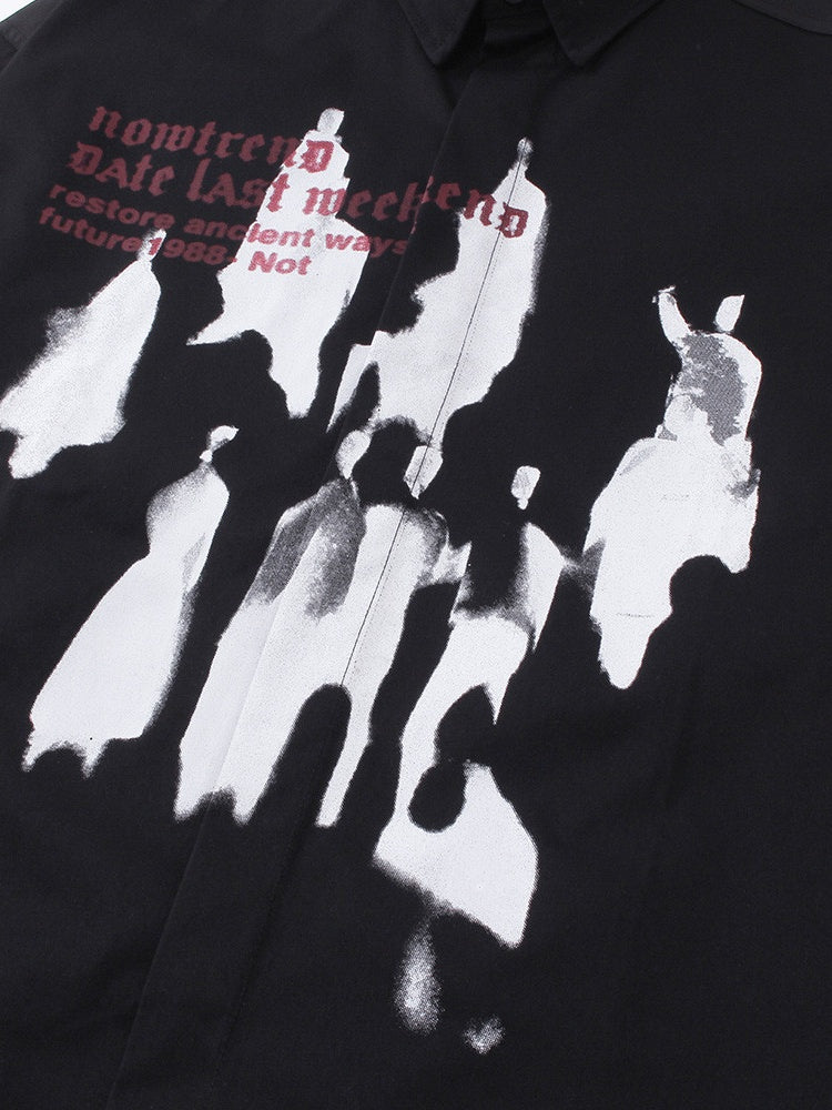 Abstract Silhouette Print Loose Lapel Shirts