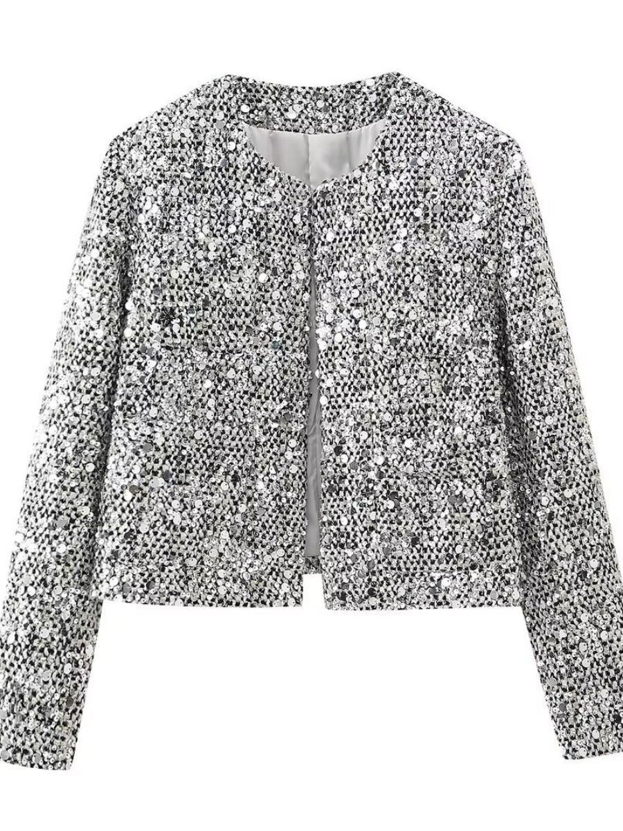 Tweed sequins Buttons Crew Neck Silver jacket