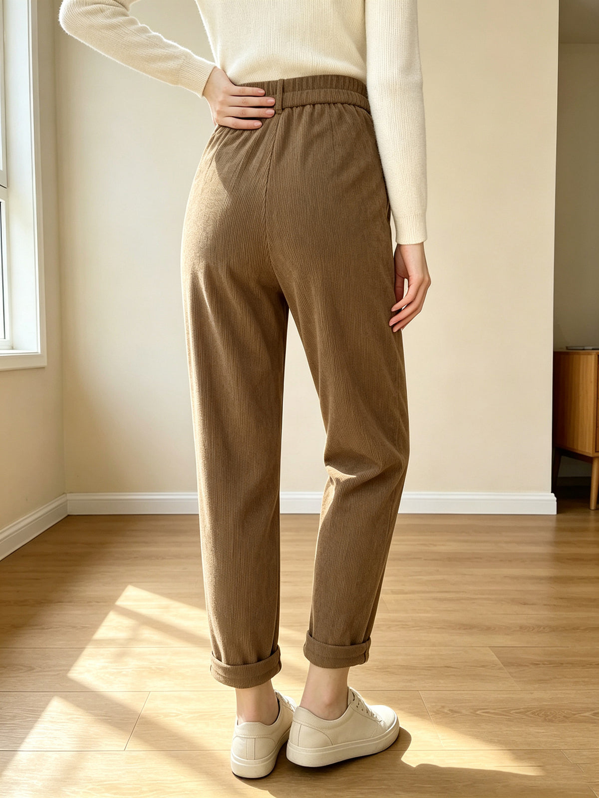 Retro-style Corduroy High-waisted Pocket Casual Trousers