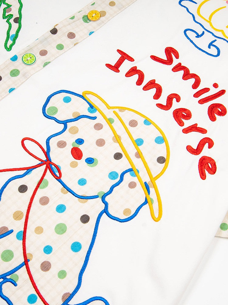 Cartoon Puppy Embroidery Hip Hop Dot Color-blocked Shirts